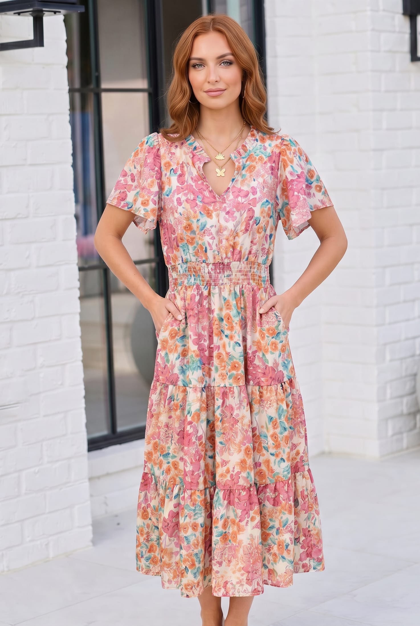 pink floral tiered midi dress Pink Multi Floral V Neck Tied Shoulder Tiered Midi Dress SSYS