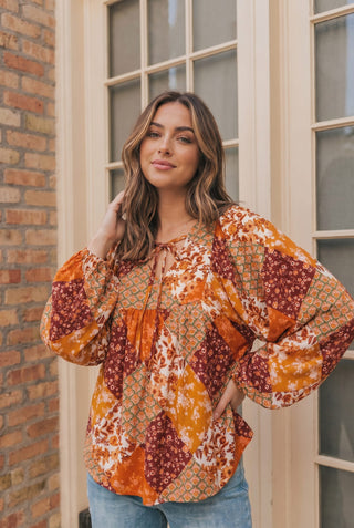 Autumn Patchwork Boho Blouse in Rust