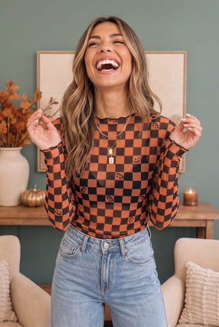 Spooky Checkered Pumpkin Mesh Long Sleeve Top