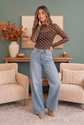 Dotted Dreams Sheer Mesh Mock Neck Top