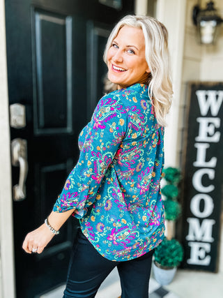 Lizzy Top in Teal and Purple Floral Paisley