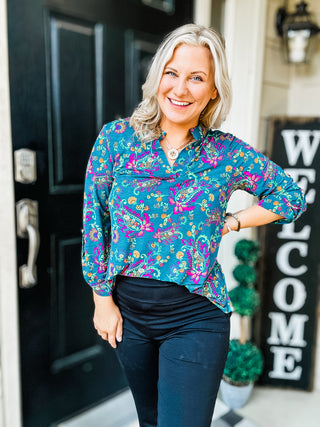 Lizzy Top in Teal and Purple Floral Paisley