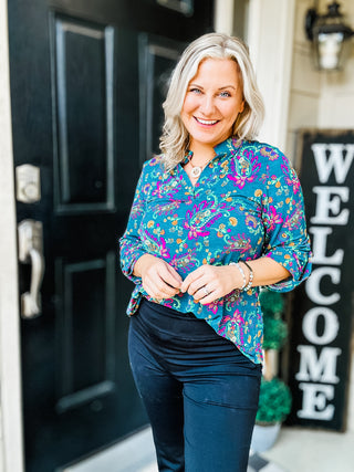 Lizzy Top in Teal and Purple Floral Paisley