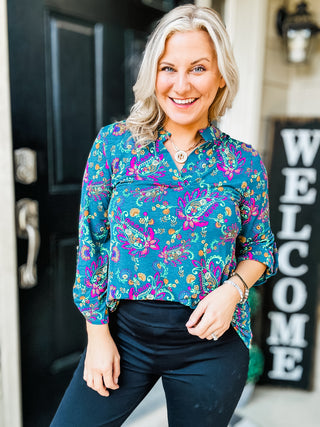 Lizzy Top in Teal and Purple Floral Paisley