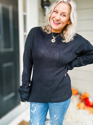 Classy Chic Black Mock Neck Chest Pocket Knit Sweater