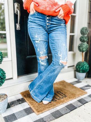 Judy Blue Dark Wash Mid Rise Button Fly Distressed Flare Jeans