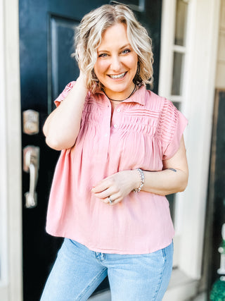 Pleat Detail Button Up Blouse in Pink