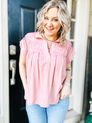 Pleat Detail Button Up Blouse in Pink