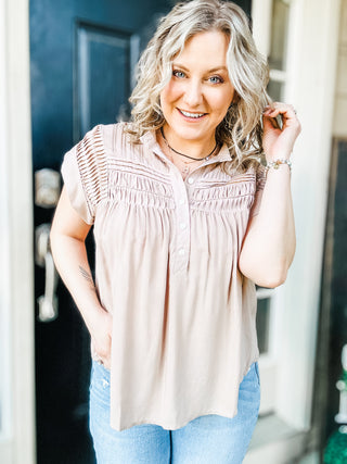 Pleat Detail Button Up Blouse in Taupe