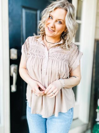 Pleat Detail Button Up Blouse in Taupe