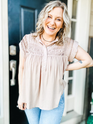 Pleat Detail Button Up Blouse in Taupe