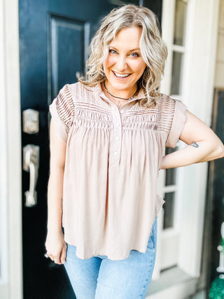 Pleat Detail Button Up Blouse in Taupe