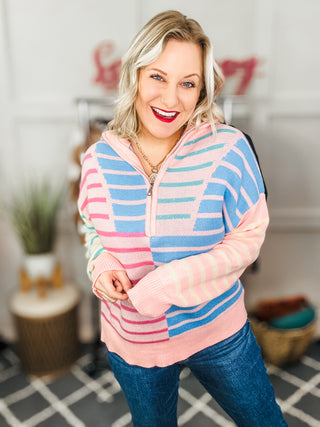 Perfectly Poised Blush & Blue Stripe Half Zip Up Oversized Sweater