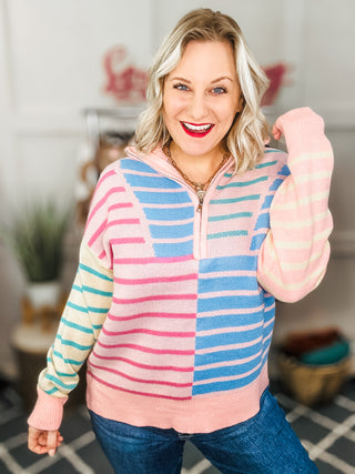 Perfectly Poised Blush & Blue Stripe Half Zip Up Oversized Sweater