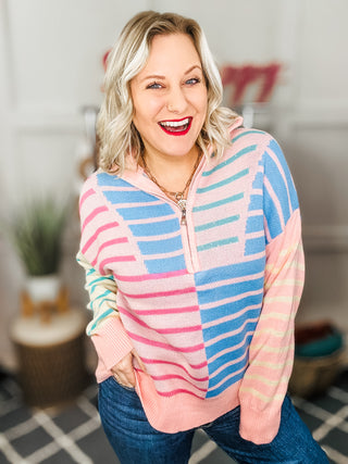 Perfectly Poised Blush & Blue Stripe Half Zip Up Oversized Sweater