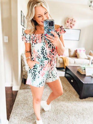 Until I Found You Off Shoulder Romper in Leopard