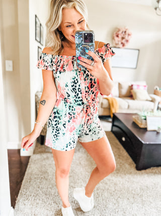 Until I Found You Off Shoulder Romper in Leopard