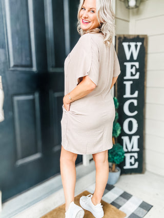 Go-Go Girl V-Neck T-Shirt Dress in Light Mocha