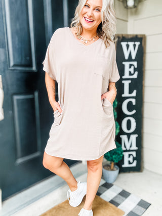 Go-Go Girl V-Neck T-Shirt Dress in Light Mocha