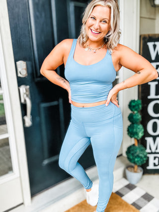 Somewhere to Start Leggings in Dusty Blue