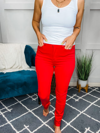 Judy Blue Ruby High Rise Control Top Garment Dyed Skinny Jeans in Red