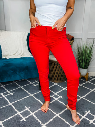 Judy Blue Ruby High Rise Control Top Garment Dyed Skinny Jeans in Red