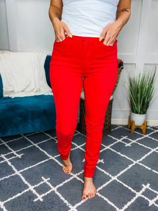 Judy Blue Ruby High Rise Control Top Garment Dyed Skinny Jeans in Red