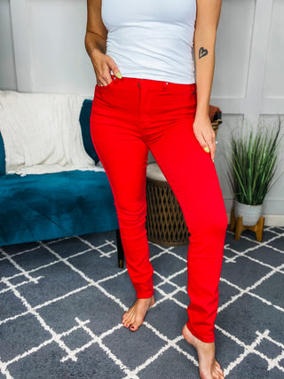 Judy Blue Ruby High Rise Control Top Garment Dyed Skinny Jeans in Red