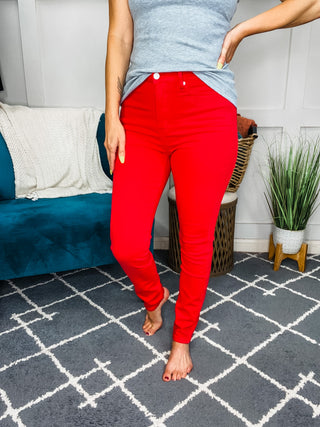 Judy Blue Ruby High Rise Control Top Garment Dyed Skinny Jeans in Red