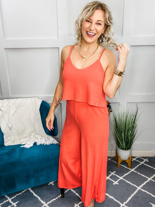 Ribbed Double Layer Jumpsuit in Deep Coral