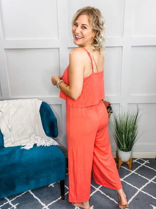 Ribbed Double Layer Jumpsuit in Deep Coral