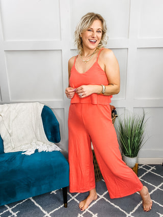 Ribbed Double Layer Jumpsuit in Deep Coral