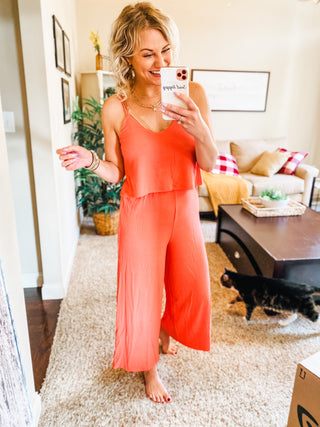 Ribbed Double Layer Jumpsuit in Deep Coral