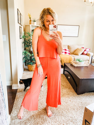 Ribbed Double Layer Jumpsuit in Deep Coral