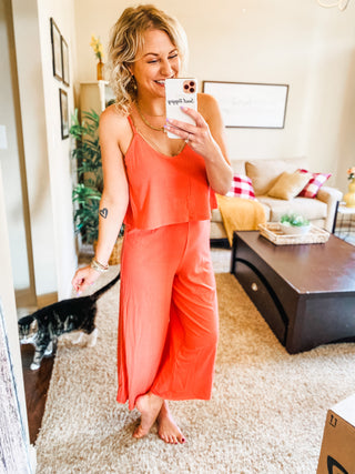 Ribbed Double Layer Jumpsuit in Deep Coral