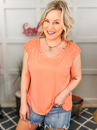 Ruched Cap Sleeve Top in Neon Orange II