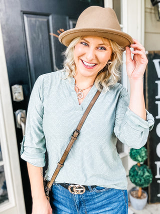 About Now V-Neck Roll-Tap Sleeve Blouse