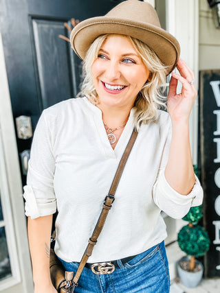 About Now V-Neck Roll-Tap Sleeve Blouse