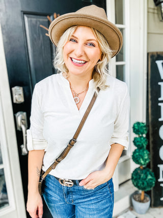 About Now V-Neck Roll-Tap Sleeve Blouse