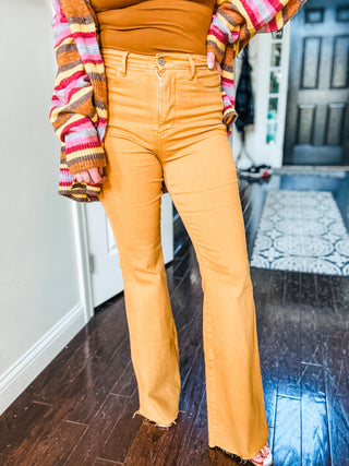 Judy Blue High Rise Control Top Flare Jeans in Marigold