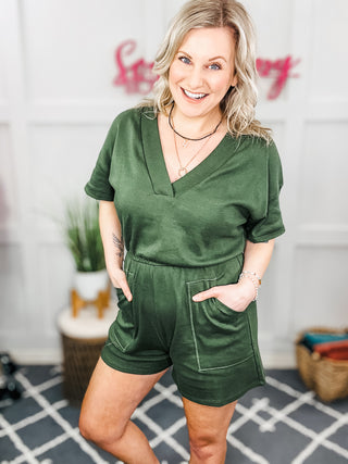 Short Sleeve V-Neck Romper in Army Green II