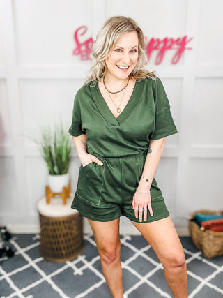 Short Sleeve V-Neck Romper in Army Green