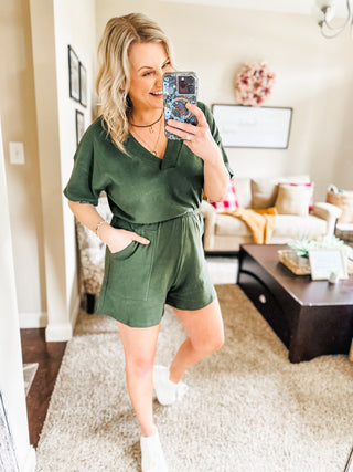 Short Sleeve V-Neck Romper in Army Green II