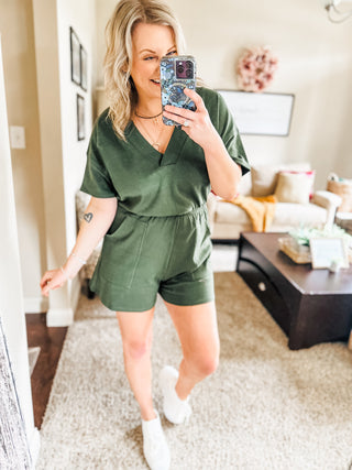 Short Sleeve V-Neck Romper in Army Green