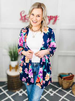 Lizzy Cardigan in Navy and Lavender Bouquet