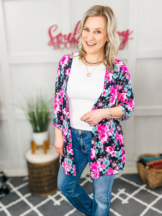 Lizzy Cardigan in Black and Pink Floral