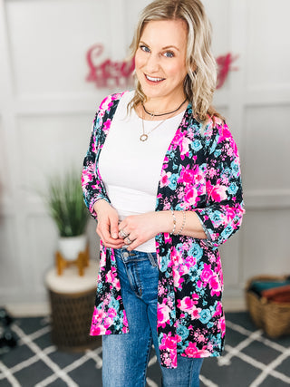 Lizzy Cardigan in Black and Pink Floral