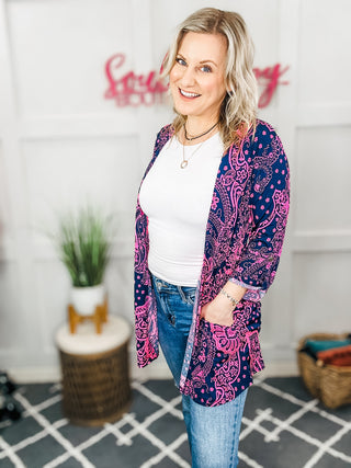 Lizzy Cardigan in Navy and Pink Paisley