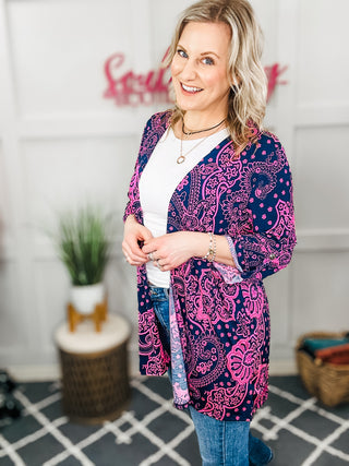 Lizzy Cardigan in Navy and Pink Paisley