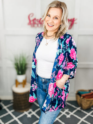 Lizzy Cardigan in Navy and Pink Floral